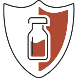 A shield-shaped icon split vertically into black and red halves, with the silhouette of a medicine bottle in the center.