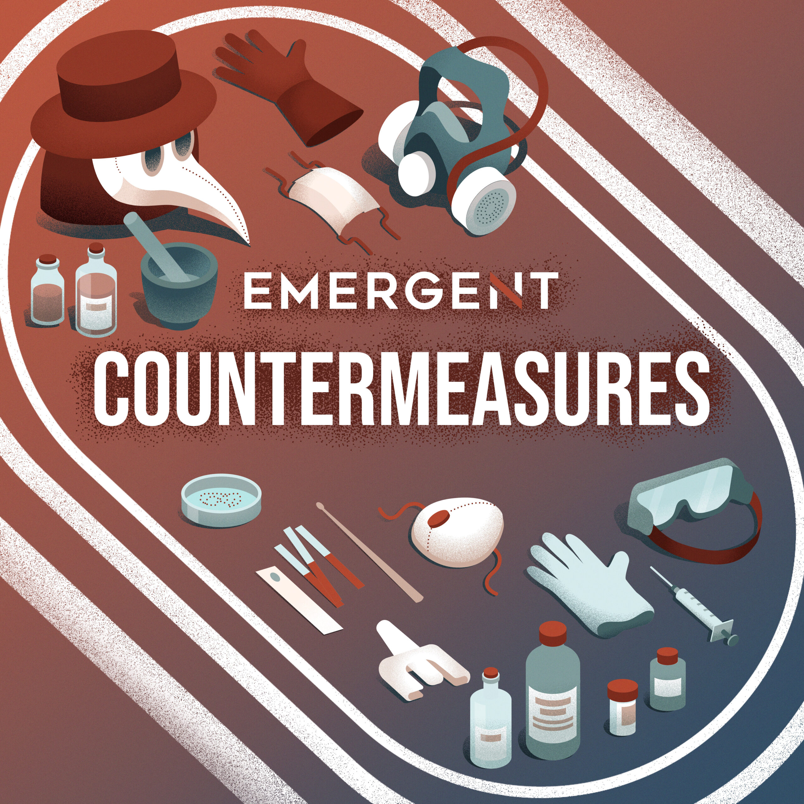 Emergent Countermeasures artwork. Illustration of medical items like masks, vaccines, gloves, and a plague doctor mask, with the text “EMERGENT COUNTERMEASURES” in the center.