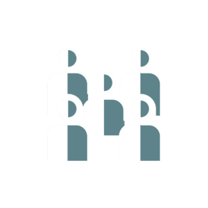 Minimalist illustration of five abstract human figures in white outline with teal shading, arranged in two rows against a light gray background.