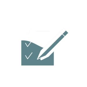 Illustration of a checklist with three checked boxes and a large pencil drawing a line on the paper. The background is light gray, and the icons are in shades of blue and white.