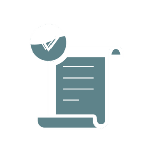 An illustrated scroll with horizontal lines, symbolizing text, and a large circular icon above showing a check mark, indicating approval or completion. Colors are muted blue and white on a light background.